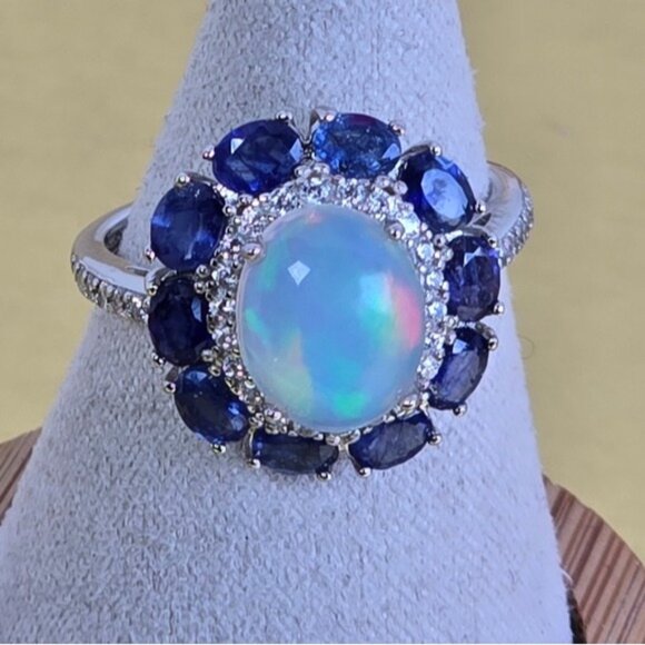 925 Sterling Silver Ring with Natural White Opal 8x10mm & Sapphire Gems - Picture 13 of 15